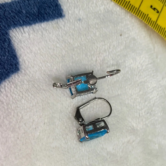 Silver Tone Blue Rectangle Gemstone Lever Back Earrings - Picture 4 of 7
